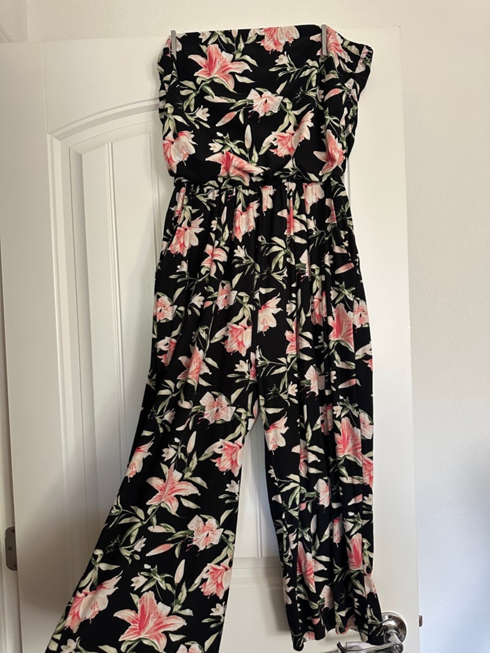 Floral Strapless Wide-Leg Jumpsuit - Black with Pink Floral size 1X